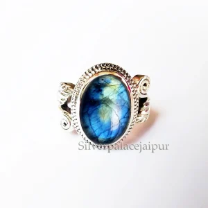 Labradorite Ring, 92.5 Sterling Silver Ring, Natural Blue Labradorite Statement Ring
