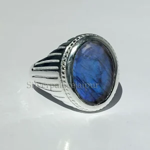 Natural Blue Labradorite Gemstone, Solid Silver Statement Ring, Labradorite Mens Ring