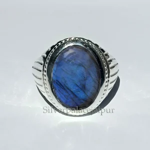 Natural Blue Labradorite Gemstone, Solid Silver Statement Ring, Labradorite Mens Ring