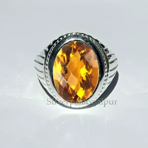 Citrine Gemstone Ring, 925 Sterling Silver Ring, Citrine Ring, November Birthstone Ring, Mens Engagement Jewelry