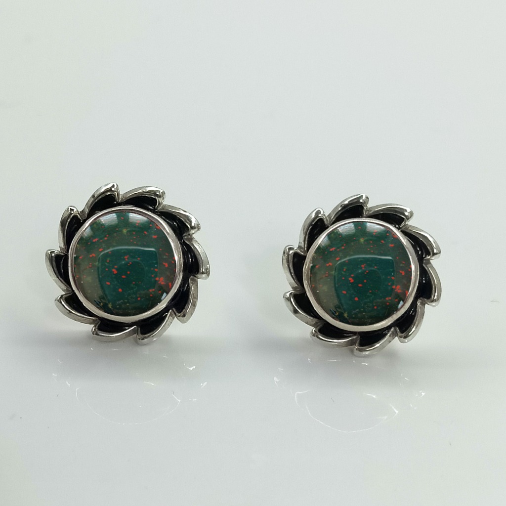 Natural Bloodstone Lotus Petal Handcrafted Silver Stud Earrings
