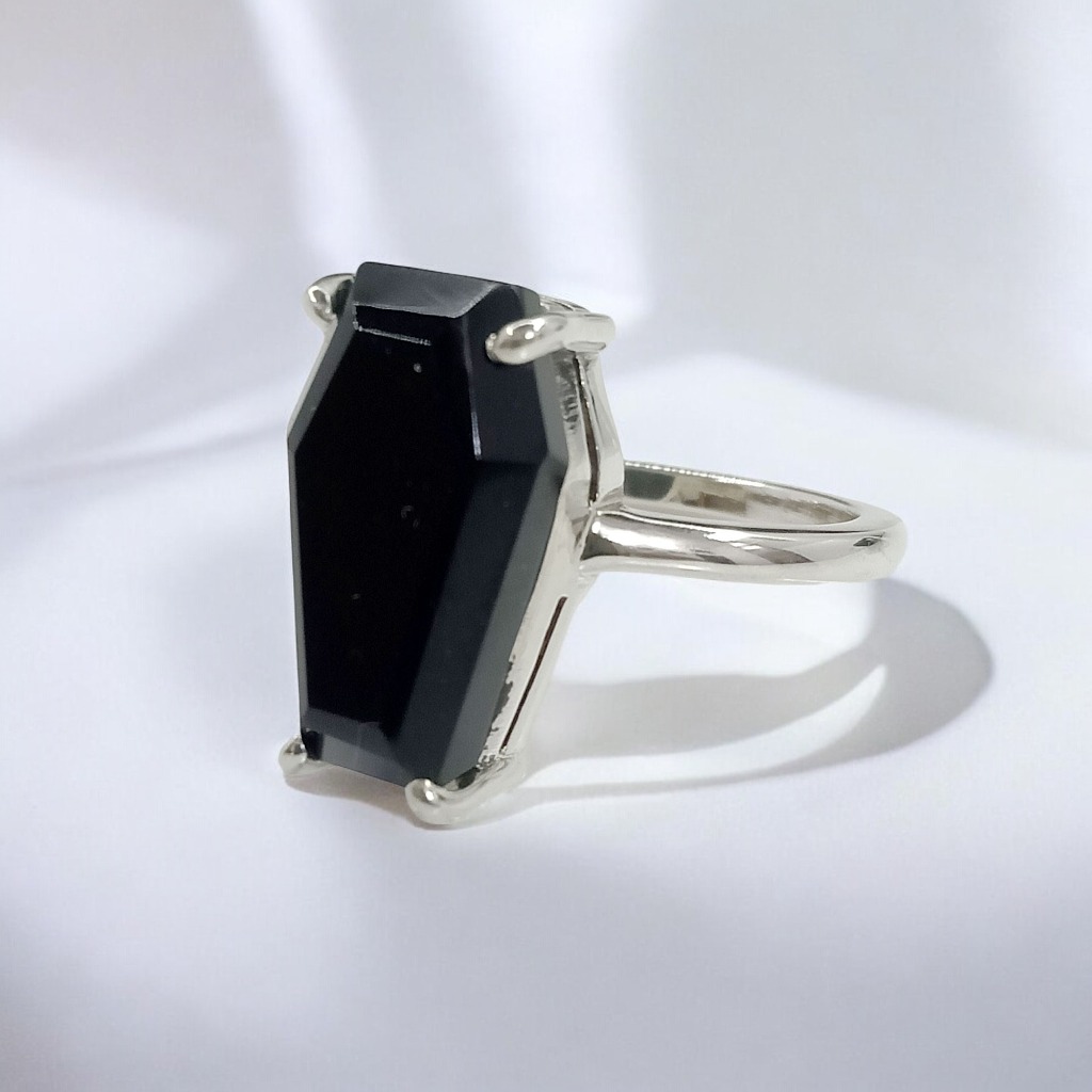 Gothic Black Onyx Coffin Solitaire 925 Sterling Silver Ring