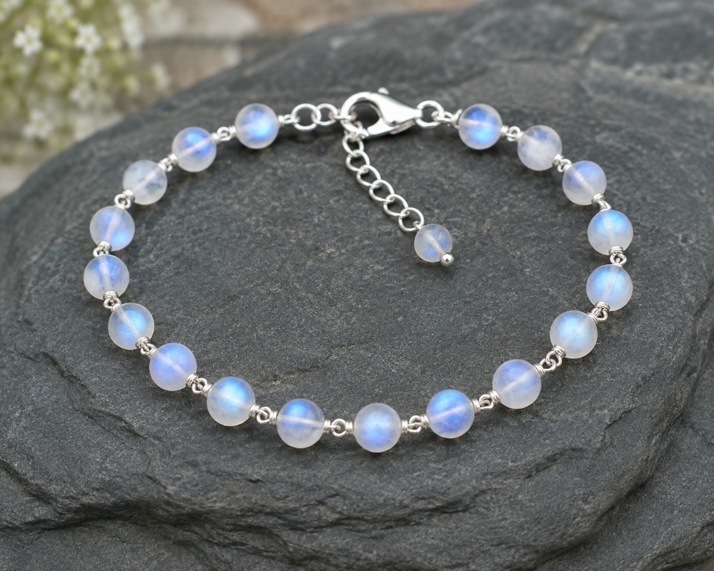 Natural Rainbow Moonstone Bead Chain Silver Bracelet