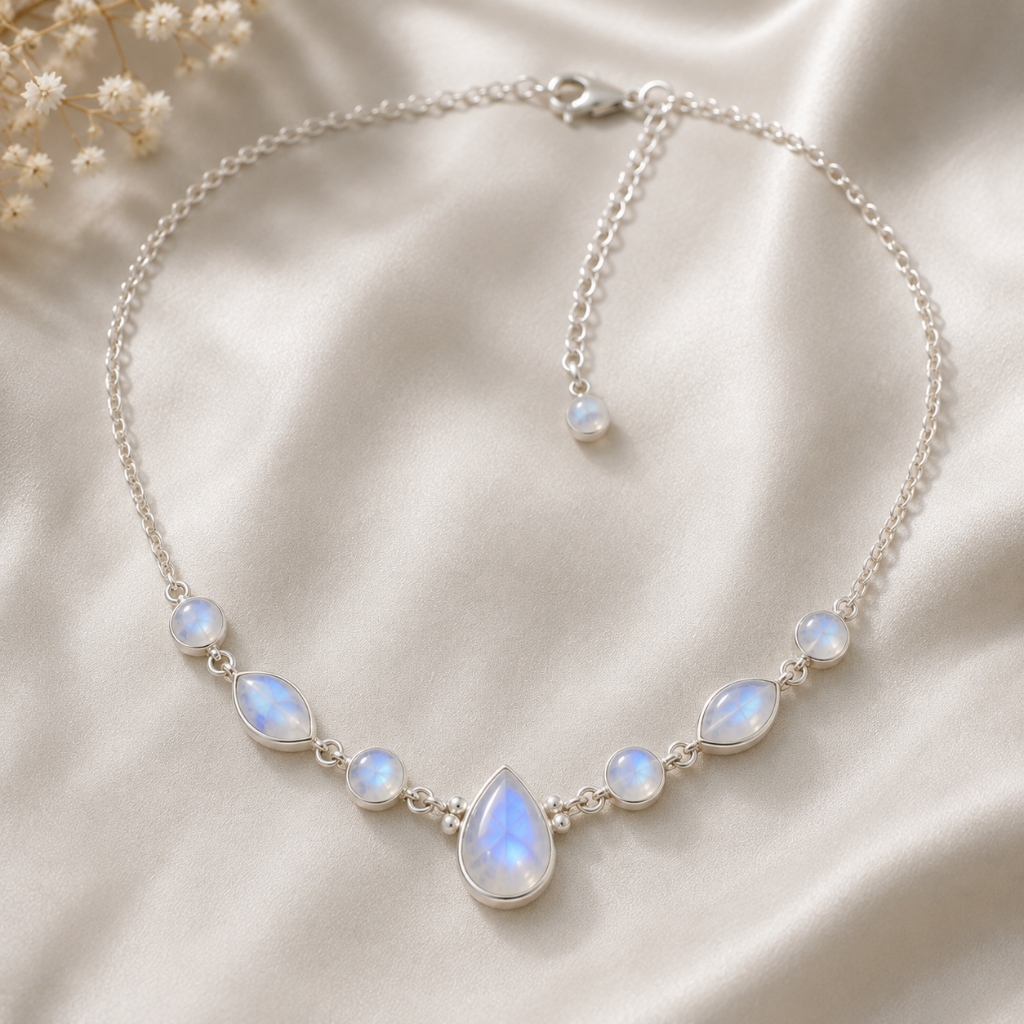 Iridescent Moonstone Teardrop & Marquise Silver Necklace