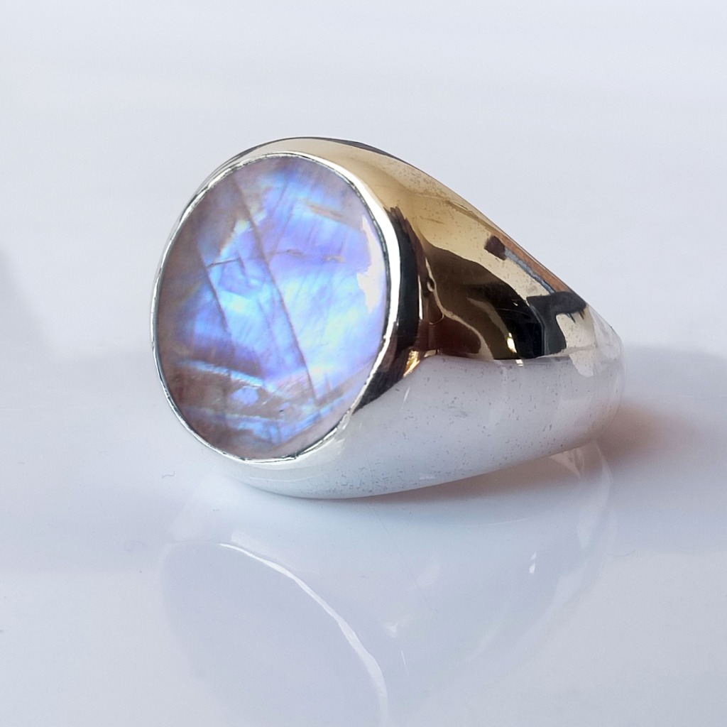 Natural Rainbow Moonstone Beveled Silver Signet Ring