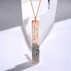 Personalized Fingerprint & Date Engraved Rose Gold Bar Pendant