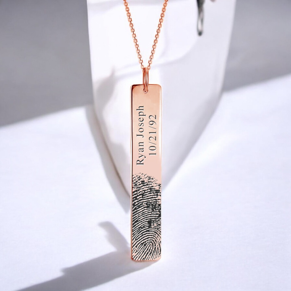 Personalized Fingerprint & Date Engraved Rose Gold Bar Pendant