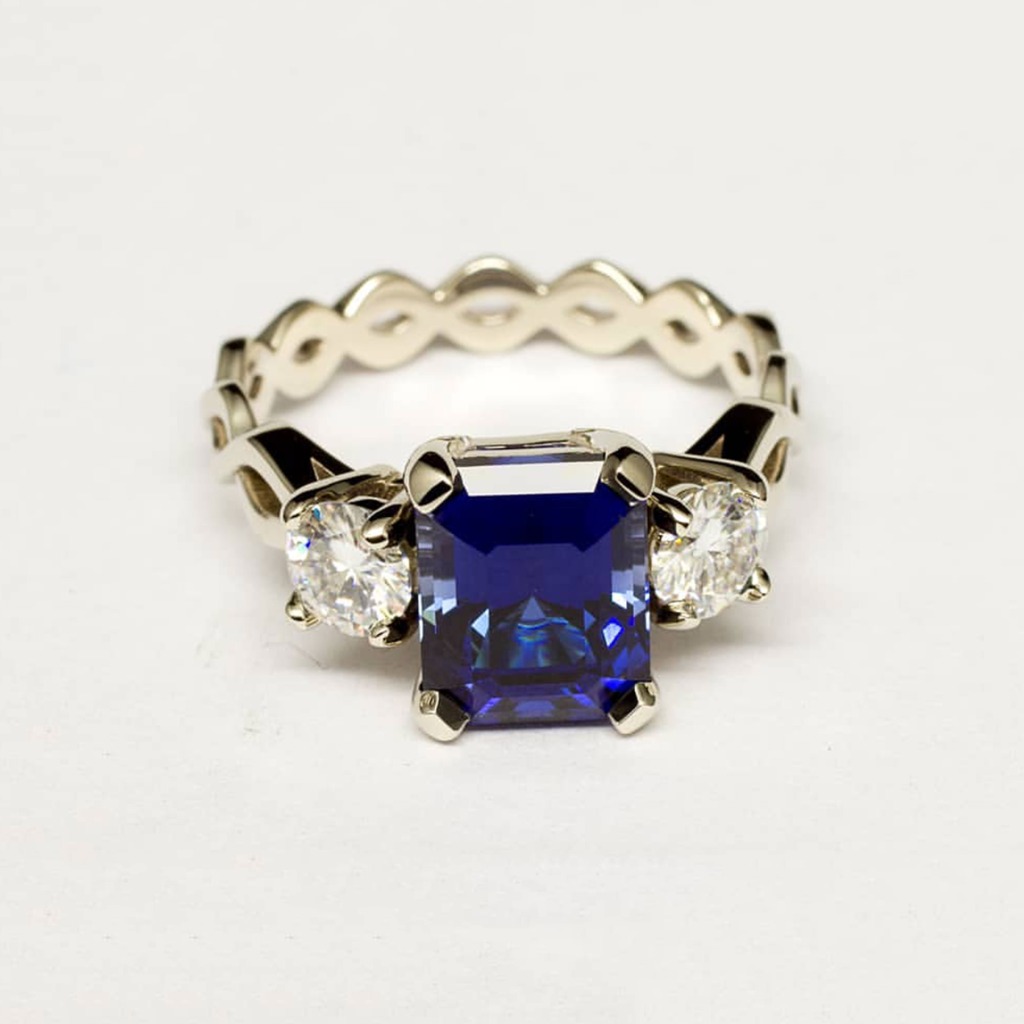 Royal Blue Sapphire & CZ Diamond 3-Stone Infinity Silver Ring