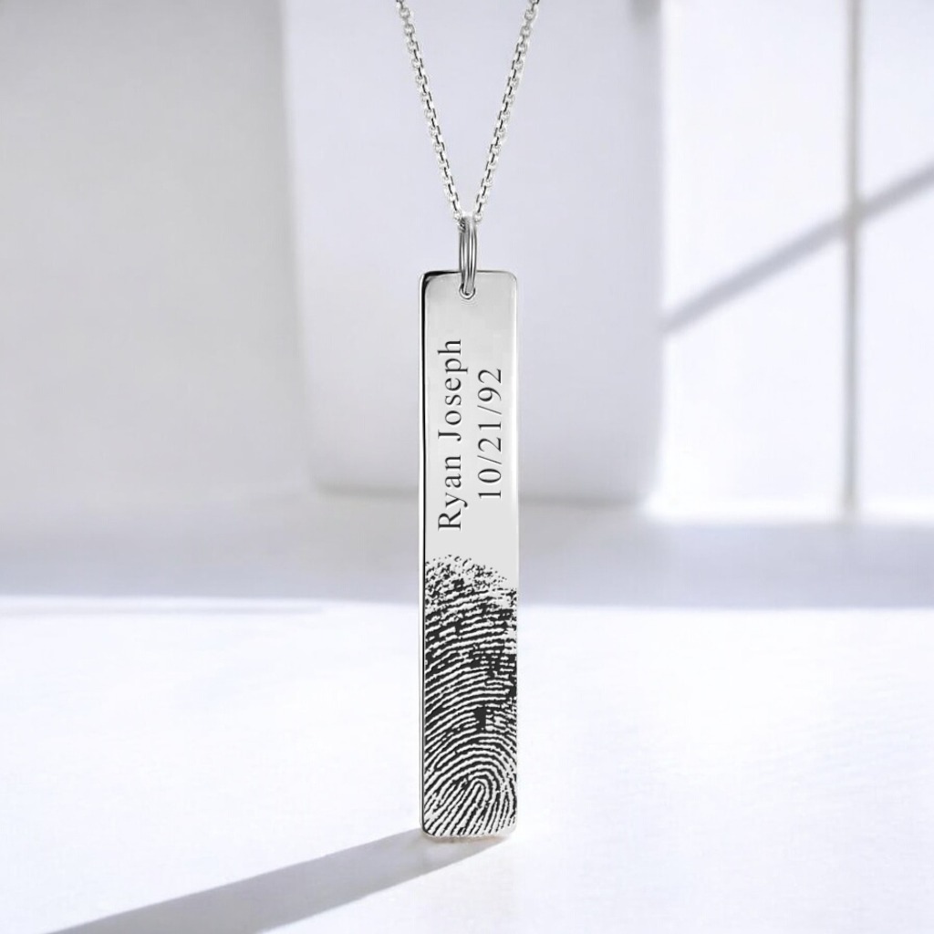 Personalized Custom Fingerprint & Name Engraved Silver Bar Pendant