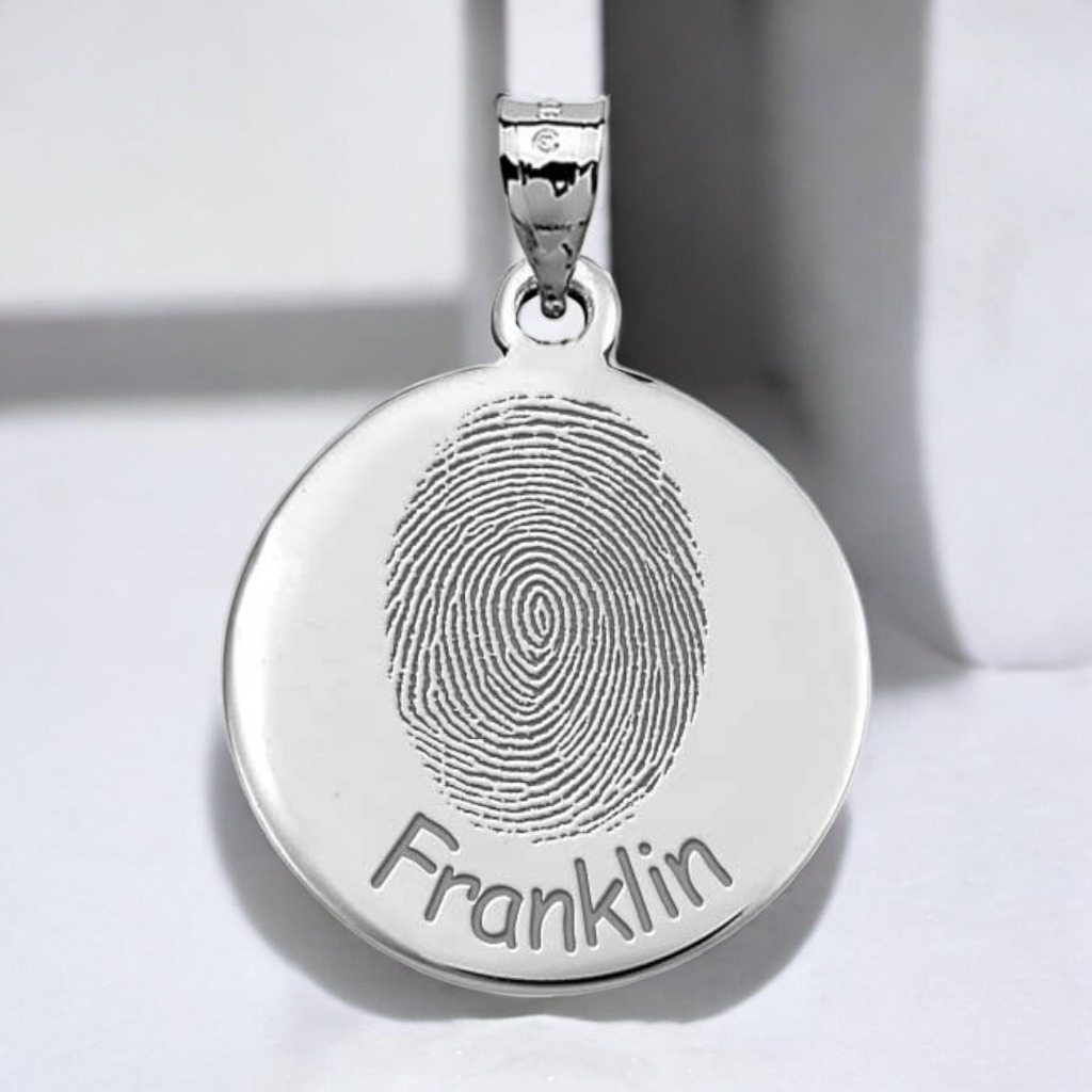 Custom Hand-Engraved Fingerprint Disc Medallion Silver Pendant