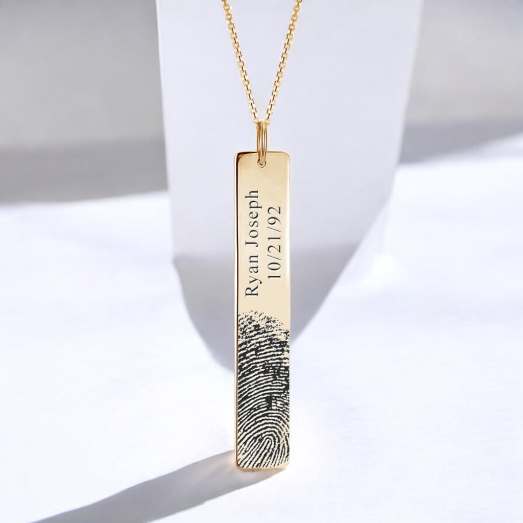 Personalized Fingerprint & Name Engraved Yellow Gold Bar Pendant